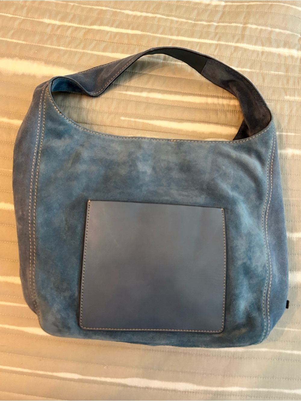 Michael Kors Blue Suede Leather Hobo Shoulder Bag Large Slouch Tote Purse
